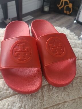 Tory Burch Bright Red Logo Slide Sandals